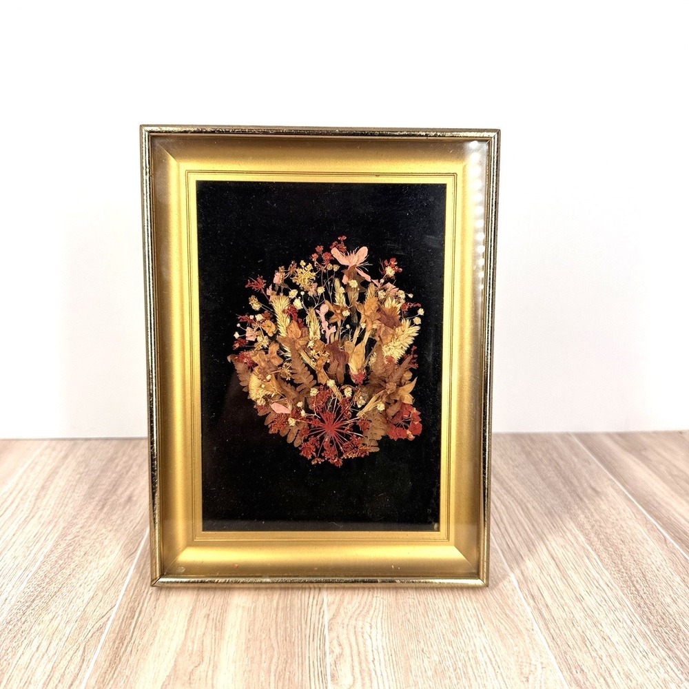 Vintage Pressed Flower Art Shadow Box Gold Frame Velvet Background Floral Decor